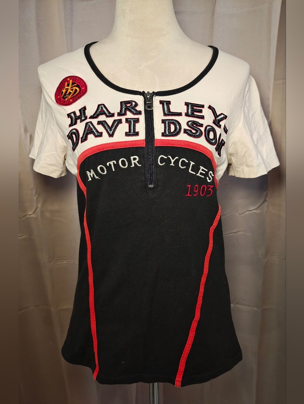 Harley Davidson Colorblock Quarter Zip Short Sleeve Top.